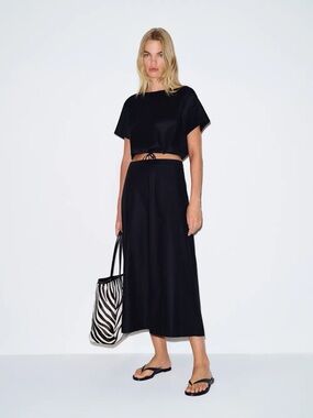 NEW Reformation Jordan Two Piece Short Sleeve Skirt Set Cotton Black | US 2 UK 6
